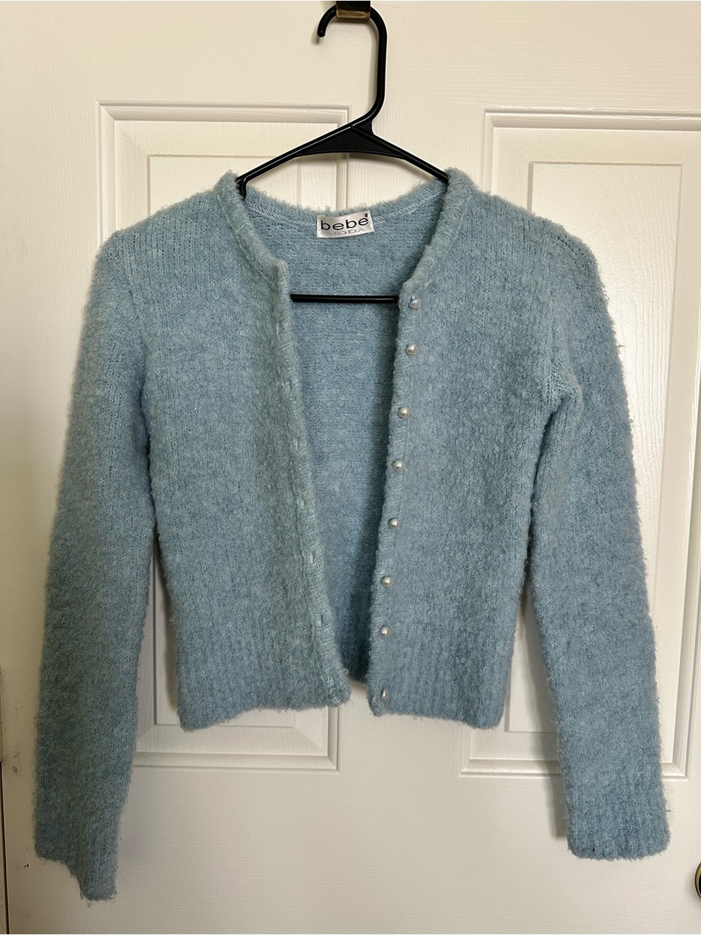 bebe 90s Powder Blue Boucle Pearl-Button cropped Cardigan